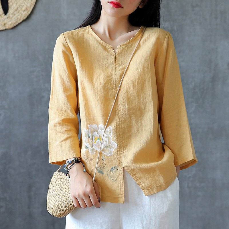 dza复古小v领开叉荷花七分袖t恤 dzaT恤