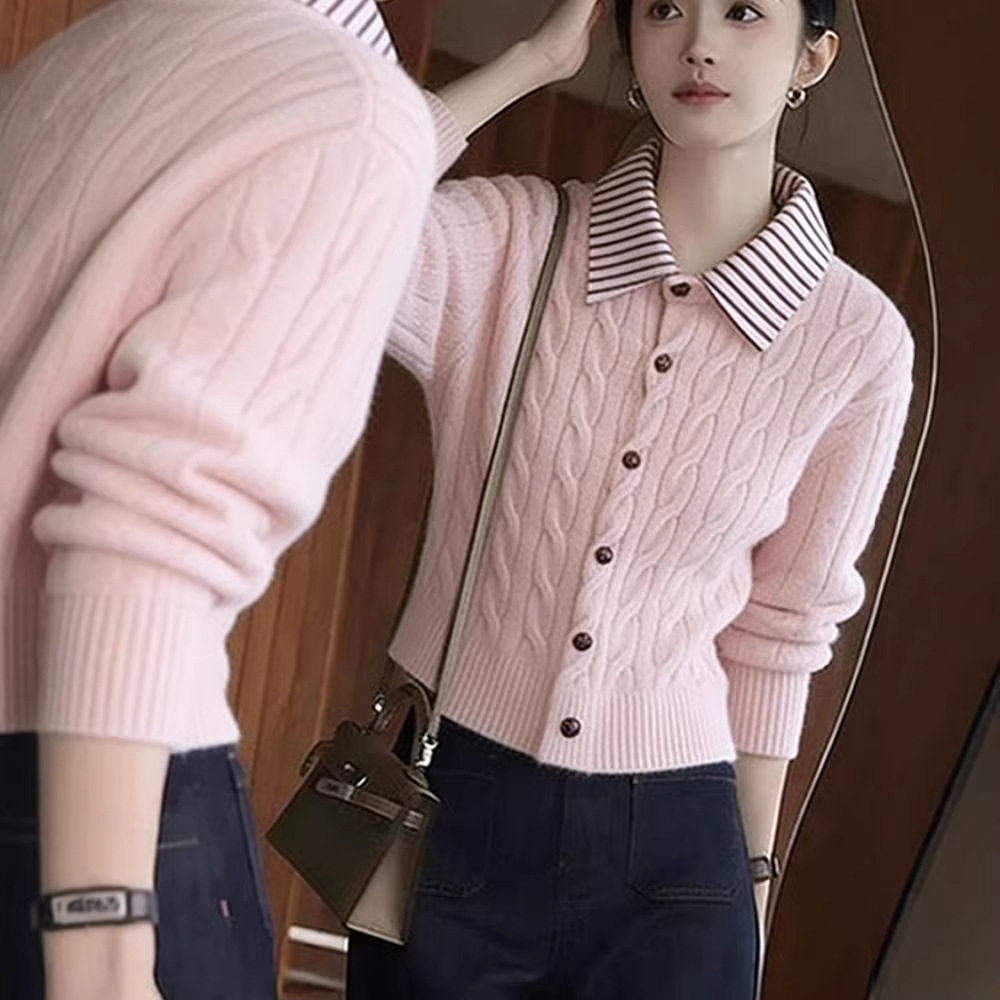 韩系小个子甜美粉色翻领长袖针织开衫女春秋2026新款假两件软糯,淘宝优惠券,粉丝福利购,淘宝优惠卷