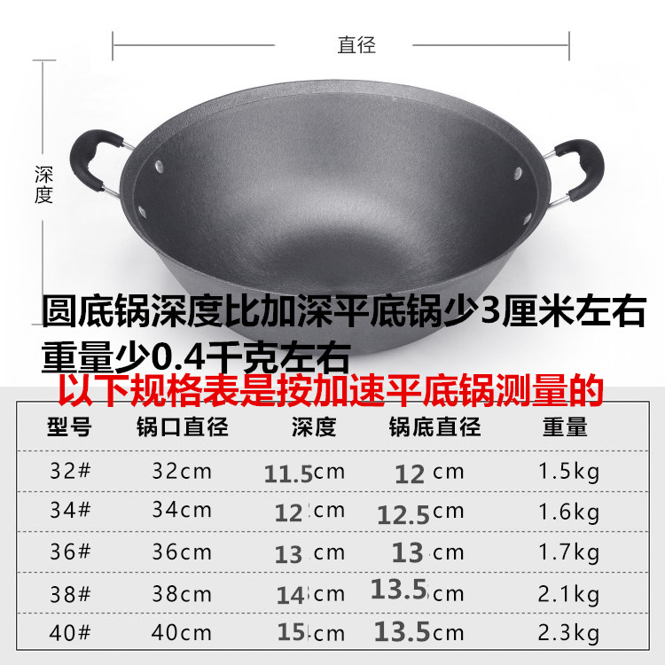 加深老式铸铁锅双耳生铁锅无涂层炒菜锅家用燃气圆底锅平底炒锅