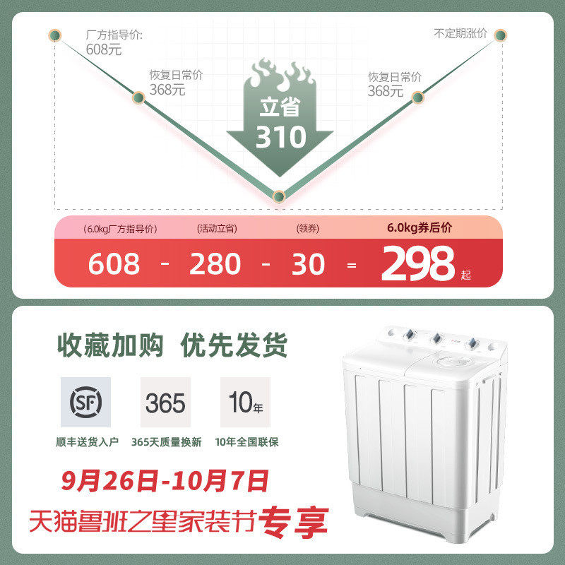 志高9.5半自动分双桶家用8洗衣机 志高德姆勒洗衣机