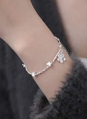 S999足银气质蝴蝶花朵手链女清新甜美文艺温柔风百搭手饰