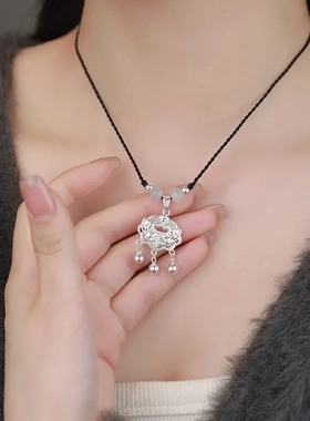 足银S999福字平安锁项链新中式国风编织绳复古个性文艺锁骨链