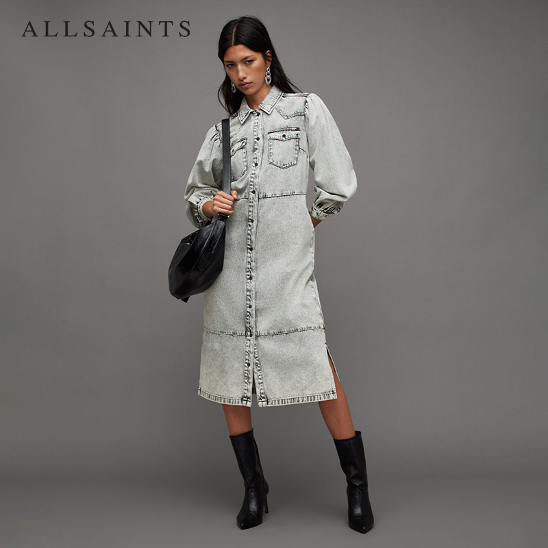 ALLSAINTS女士长袖翻领连衣裙衬衫式牛仔裙子秋季WD150Z - 图0