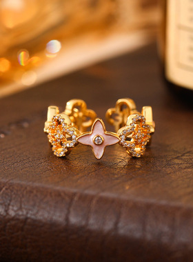 新款微镶锆石四叶草高级戒指女轻奢小众镂空设计指环时尚百搭首饰