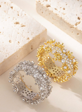 新款时尚超闪满天星锆石花朵戒指女轻奢小众设计高级百搭指环首饰