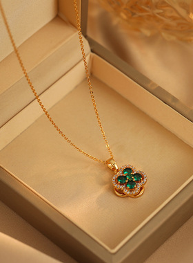 旋转祖母绿四叶花项链女轻奢小众设计感高级2026新款气质锁骨链