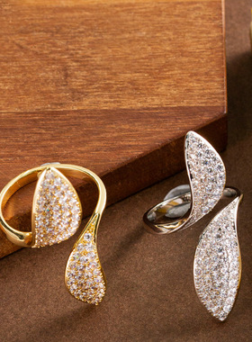 新款法式时尚个性锆石花瓣戒指女小众设计高级感复古百搭指环首饰