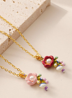 新款法式轻奢简约百搭甜美彩色宝石釉彩花朵项链女小众锁骨链首饰