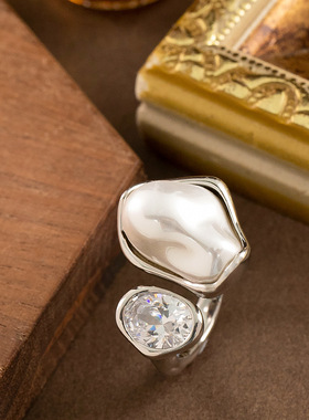 新款时尚液体熔岩珍珠锆石戒指女轻奢小众设计高级感指环精致首饰