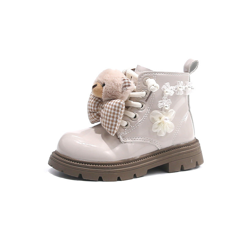 儿童卡通小熊棉靴2025年冬新款加绒女童珍珠花朵蝴蝶结保暖马丁靴,淘宝优惠券,粉丝福利购,淘宝优惠卷