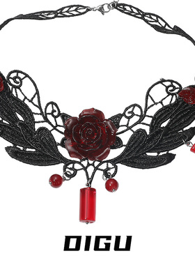 复古暗黑风哥特式玫瑰花蕾丝项链