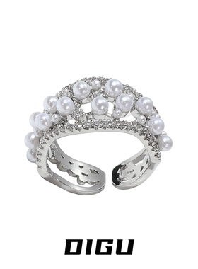 轻奢法式珍珠戒指精致宽版镶钻