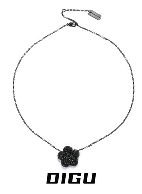复古轻奢黑色闪钻花朵吊坠项链