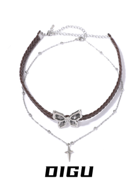 小众设计编织皮革蝴蝶项链十字架