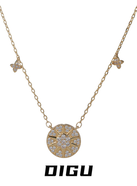 复古微镶闪钻太阳花圆盘吊坠项链