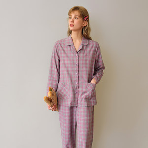 美标春秋新款长袖纯棉睡衣女休闲格子磨毛全棉质可外穿家居服套装