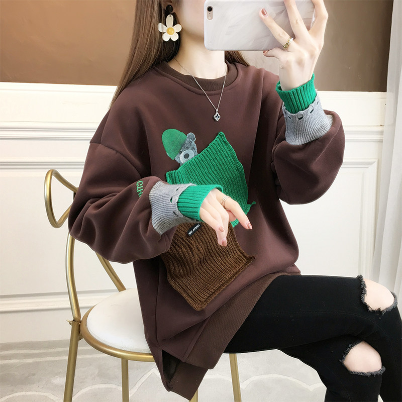 设计感小众卫衣女秋冬季韩版宽松加绒加厚中长款假两件上衣外套潮虎窝淘 