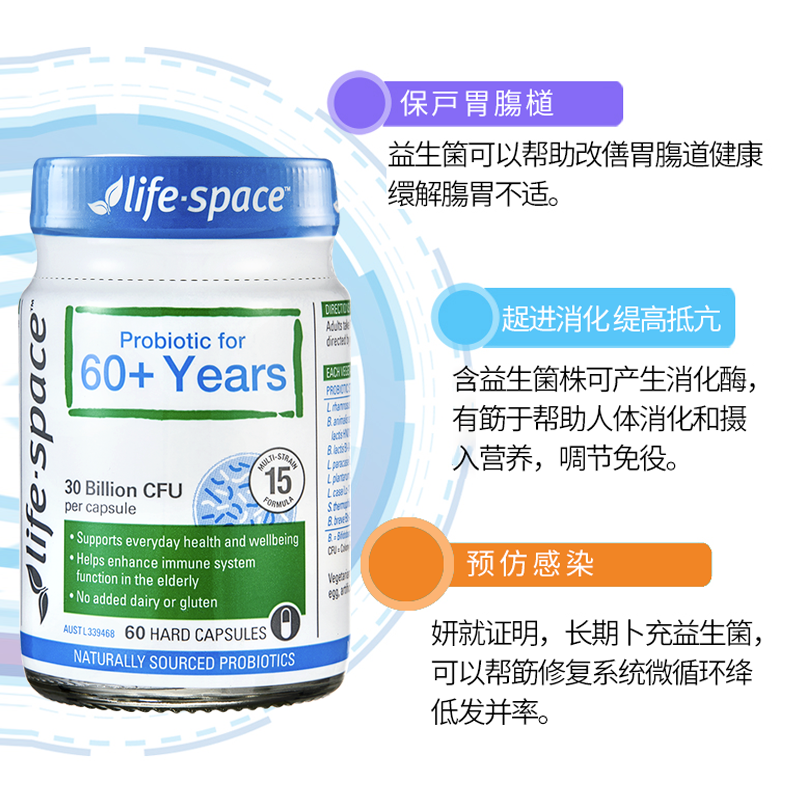 澳洲life space老人益生菌胶囊60岁+中老年调理肠道保健品60粒