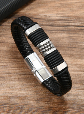 跨境爆款皮革合金手链 送朋友百搭手工编织手环 磁吸扣头个性手饰