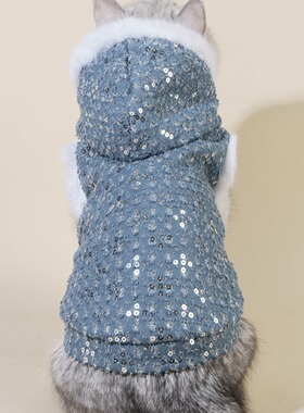 重工双层牛仔亮片摇粒绒开胸连帽外套猫狗保暖宠物服饰