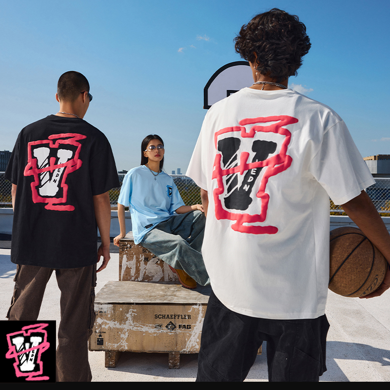 维动心动短袖男女运动针织篮球美式夏圆领T恤衫纯棉宽松休闲半袖V - 图2