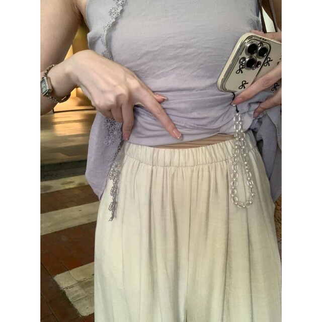 Anli ຜ່ອນຄາຍໂຄງສ້າງ elastic waist pants ຂາກ້ວາງ