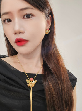做旧项链蝴蝶耳钉可调节项链长款