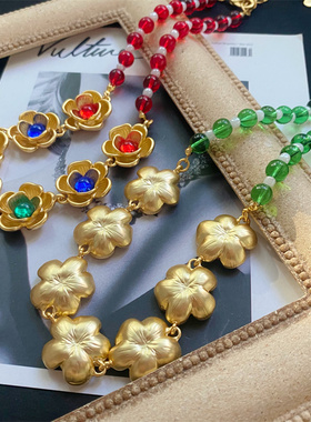 予 306 复古Vintage欧美宫廷风镀真金保色重工立体花朵琉璃项链包