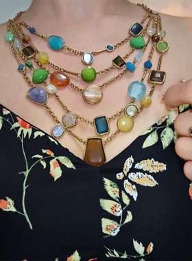 彩色石头树脂做旧多层夸张项链