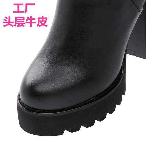 真皮女靴2023秋冬新款靴子粗跟厚底拉链圆头短靴超高跟马丁靴33码 - 图1