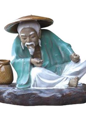 石湾公仔陶瓷工艺品石上老翁摆设家居饰品假山喷泉客厅招财摆件