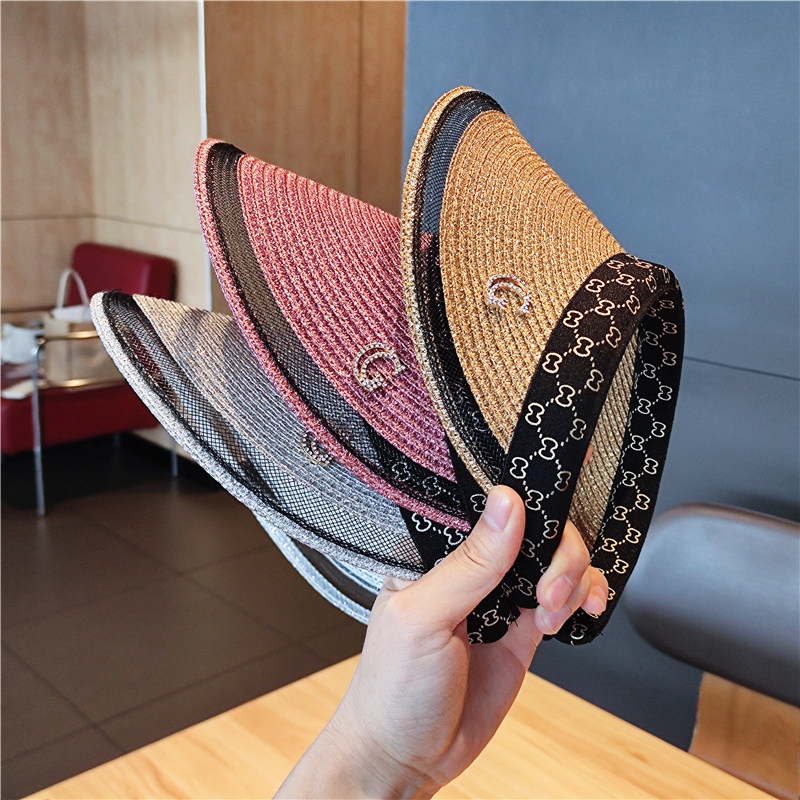 草帽春夏季网红空顶帽时尚水钻网边防晒沙滩帽百搭休闲遮阳帽子女 趣品店