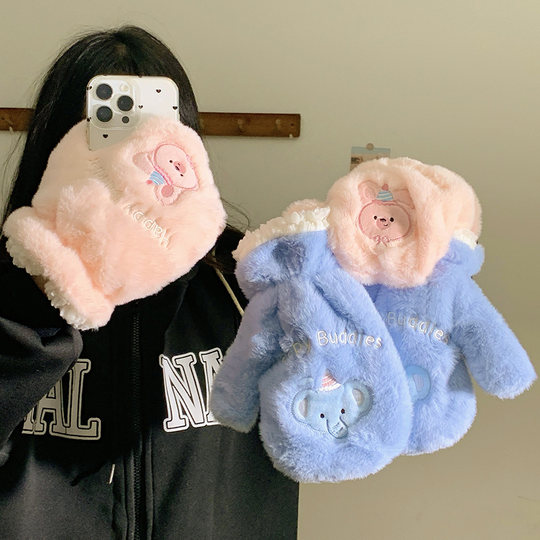Cartoon cute plush gloves for girls with velvet and thickening to keep students windproof and cold-proof hanging neck gloves all-inclusive mittens