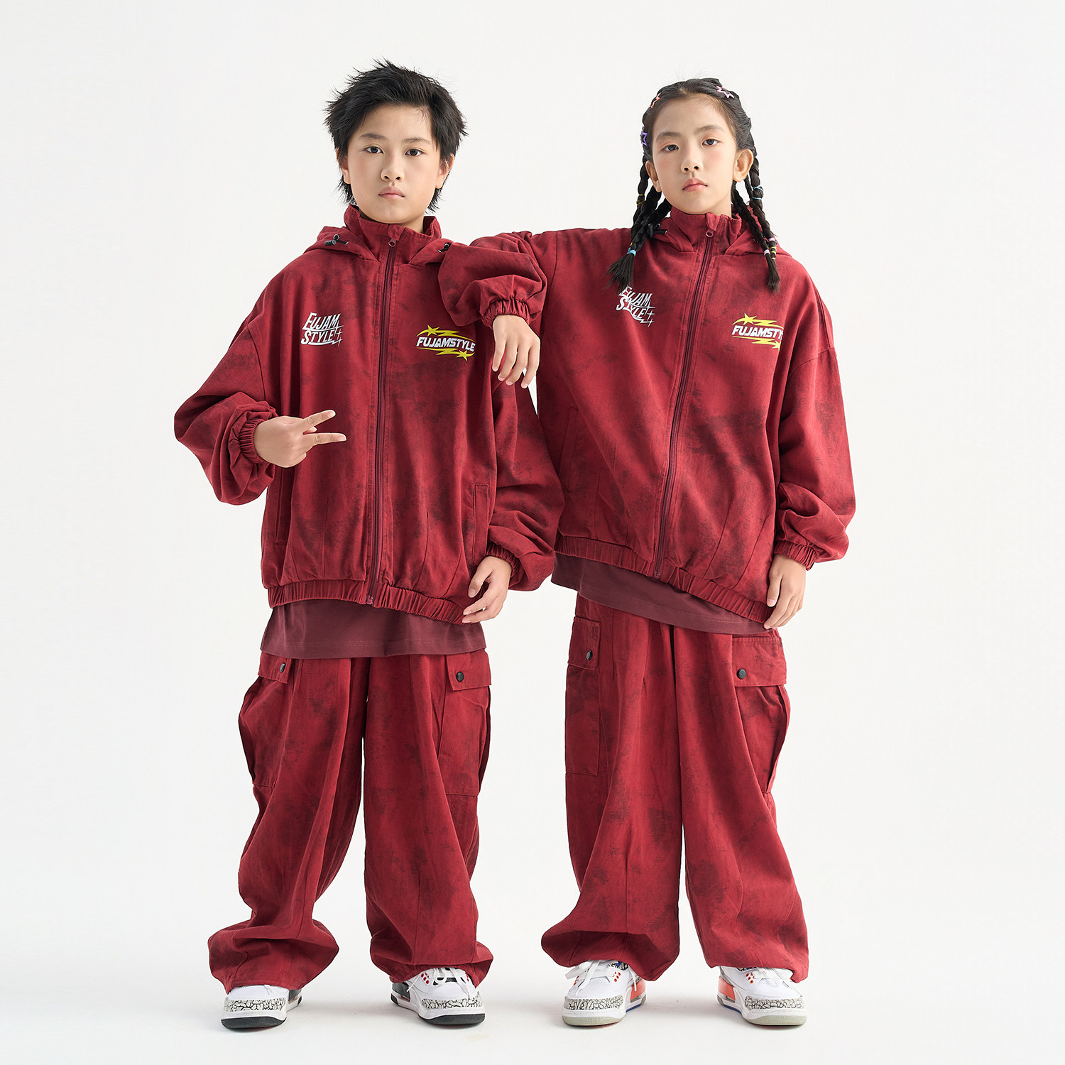 FUJAM儿童街舞潮牌复古水洗工装裤红色套装少儿hiphop潮酷演出服,淘宝优惠券,粉丝福利购,淘宝优惠卷
