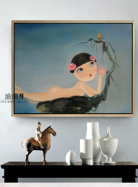 【桃】纯手绘新中式个性新锐女孩人物油画客厅沙发卧室装饰壁挂画