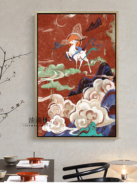 【敦煌九色鹿壁画】手绘新中式佛像观音菩萨人物油画飞天装饰挂画