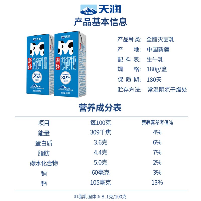 天润浓缩纯牛奶新疆牛奶MINI砖全脂早餐奶180g*12盒/箱 - 图3