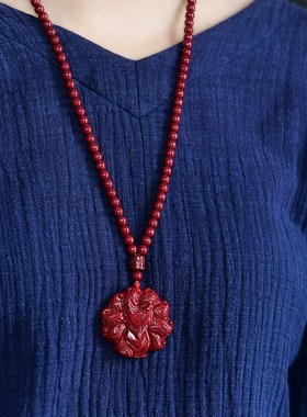 朱砂九尾狐吊坠8颗珠链款本命年朱砂挂件毛衣链朱砂低含量