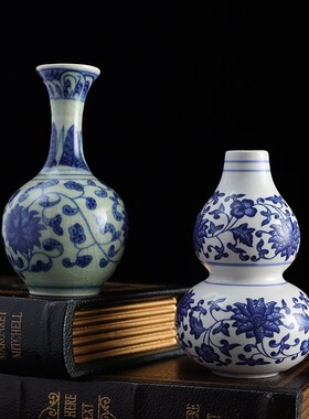 中式仿古陶瓷青花瓷花瓶迷你小摆件家居客厅插花微景观拍摄道具