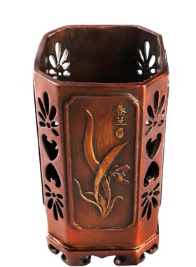 黄铜工艺品文房书房摆件商务礼品梅兰竹菊四君子四季笔筒