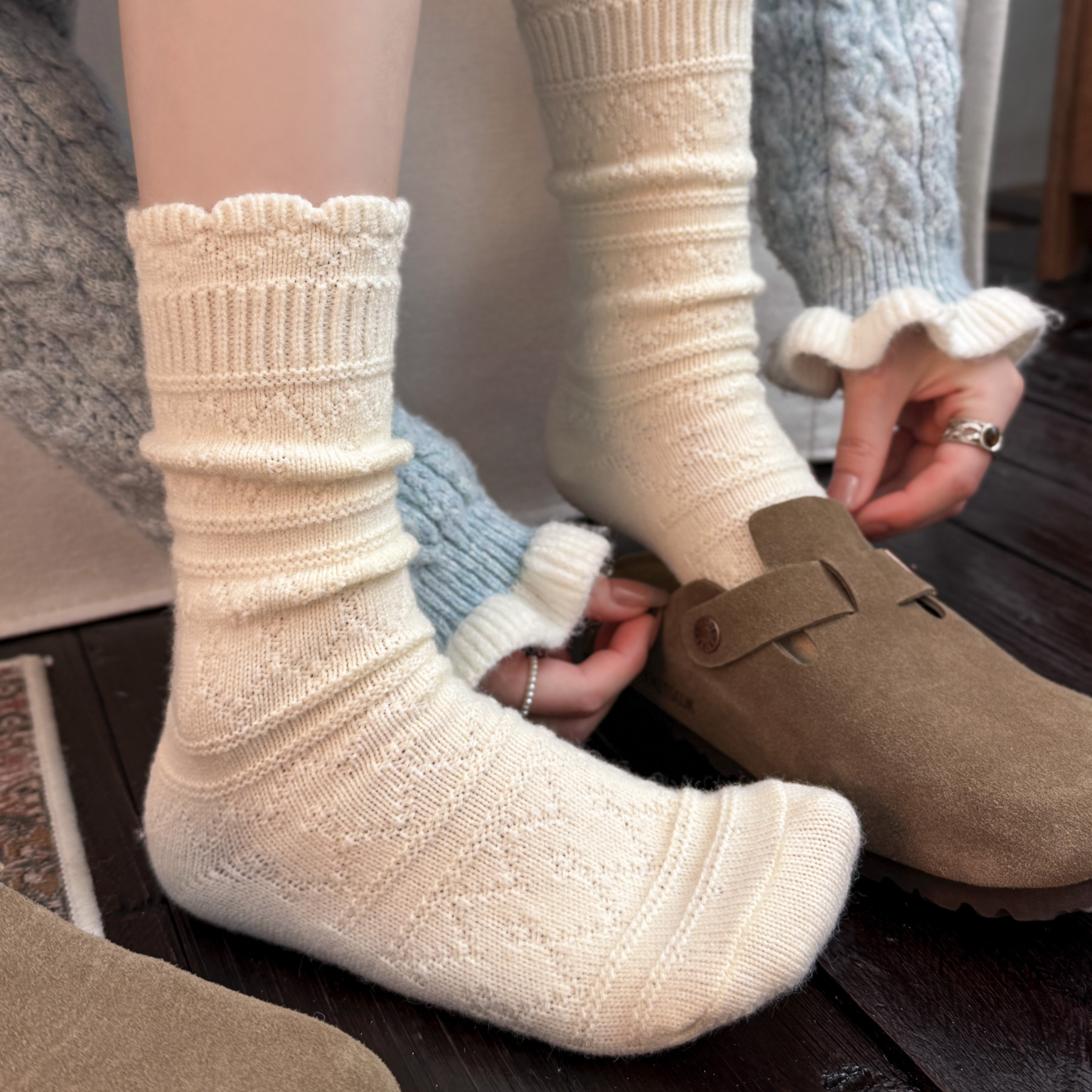 羊毛花边中筒袜女秋冬日系镂空针织堆堆袜配靴子保暖冬季小腿靴袜,淘宝优惠券,粉丝福利购,淘宝优惠卷