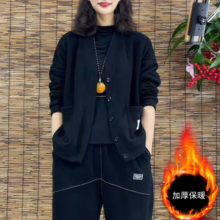 洋气女装春秋加绒卫衣外套时尚百搭宽松妈妈装V领开衫大口袋棉服-图2