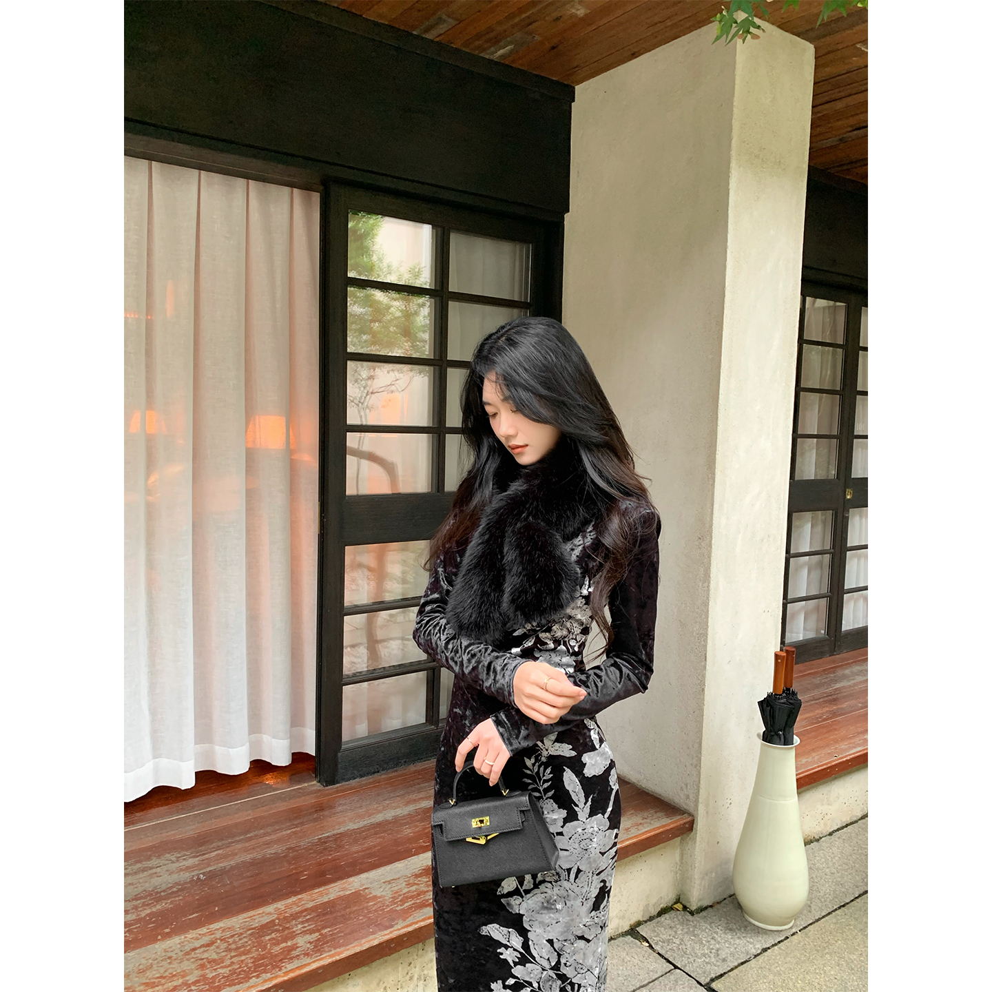 Norain不下雨黑色丝绒长袖连衣裙女秋冬新款性感气质修身旗袍礼服 - 图2