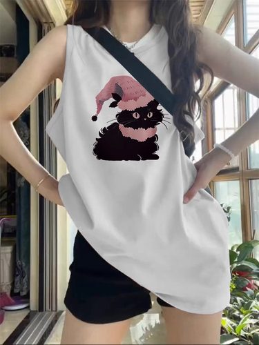 美式复古纯棉吊带背心无袖t恤女夏季外穿宽松篮球服港风挂脖上衣 - 图1