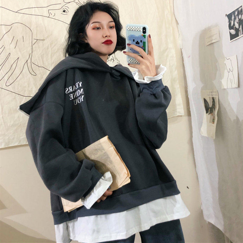 假两件卫衣女秋冬韩版潮宽松bf慵懒风加绒加厚ins超火cec外套洋气_虎窝淘