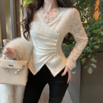 Small Fragrant Wind Palace Court Windy Sweater Sweater Blouse Women Autumn Winter Plus Suede Thickened Lace Undershirt for a pure desire v collar blouse