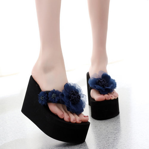 社会女高跟拖鞋女夏花朵新款时尚沙滩网红同款厚底凉拖外穿人字拖 - 图2