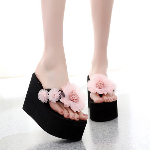 社会女高跟拖鞋女夏花朵新款时尚沙滩网红同款厚底凉拖外穿人字拖 - 图3