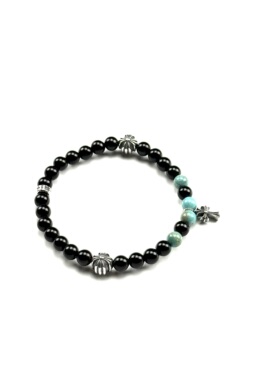 匠银JY 925纯银6mm四银珠十字花十字架绿松石黑玛瑙潮流银手链