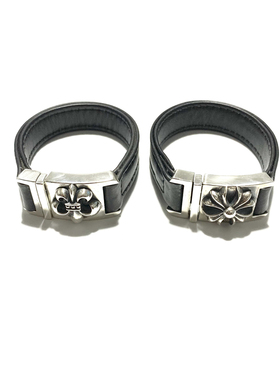 匠银JY 925纯银十字花童军花十字架情侣银饰做旧手镯皮手环